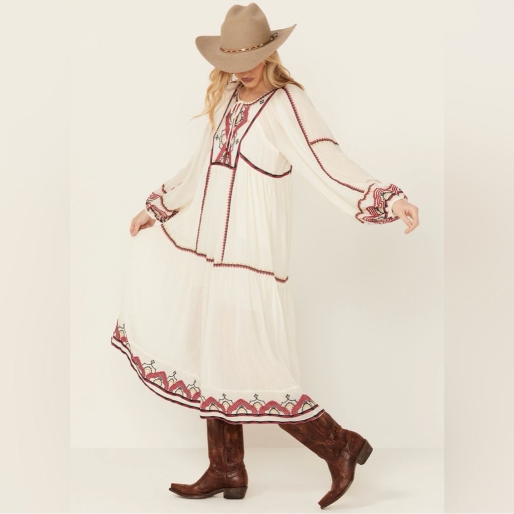 Free People Sweet Escape Embroidered Midi Western Boho Peasant Dress Relaxed